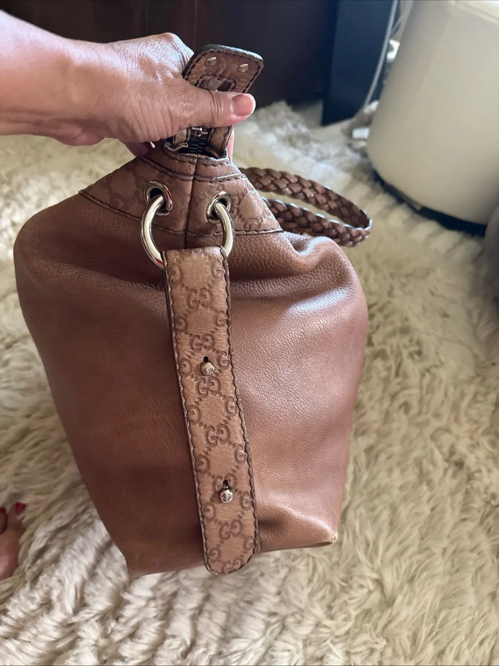 Gucci Cognac Brown Leather Shoulder Bag with Braided Strap - Picture 7 of 16